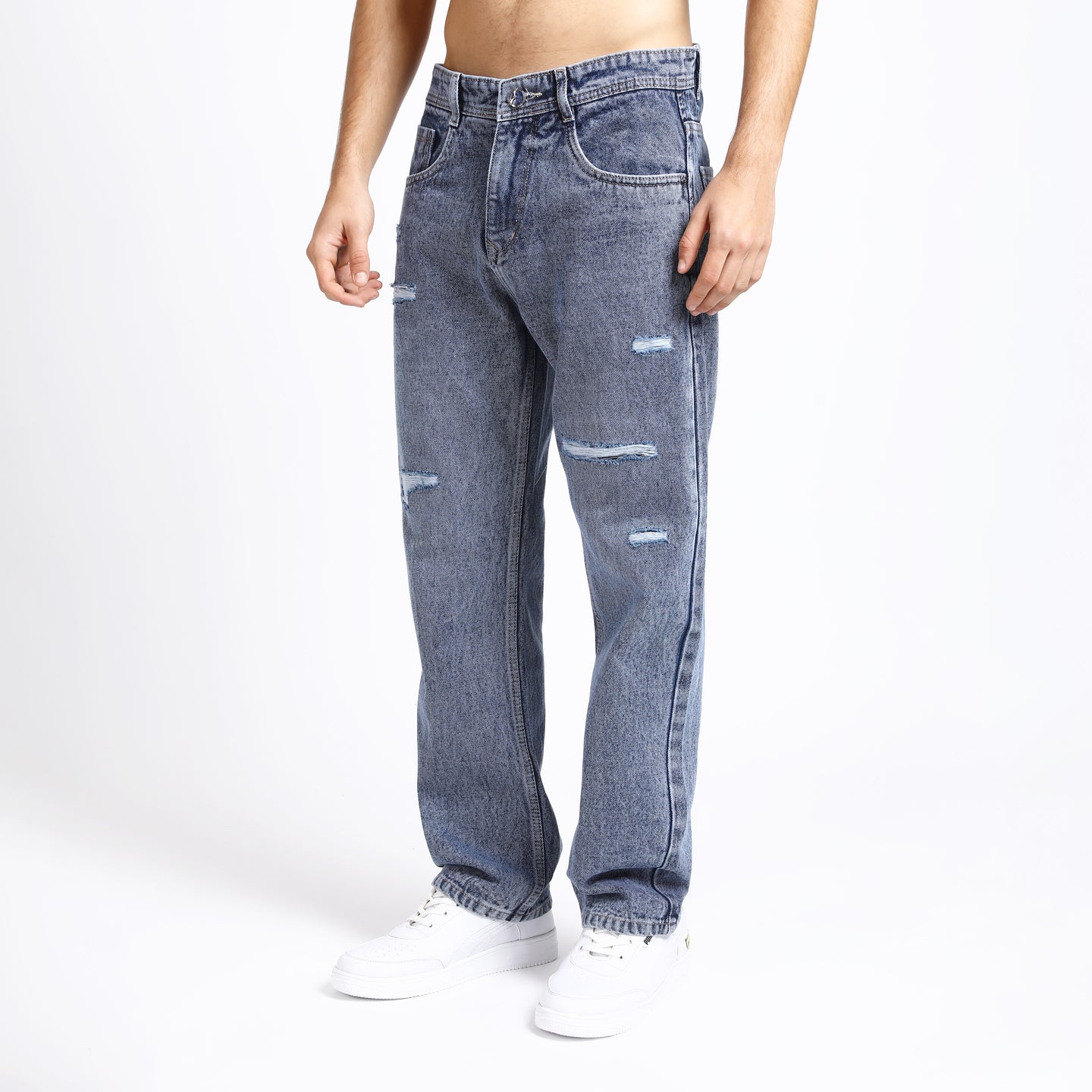 LIGHT BLUE BAGGY FIT DISTRESSED JEANS TEDDY 4715-2